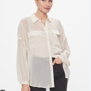 NWT DKNY Relaxed Fit Button Down Chiffon Top with Camisole SZ‎ S in City Khaki